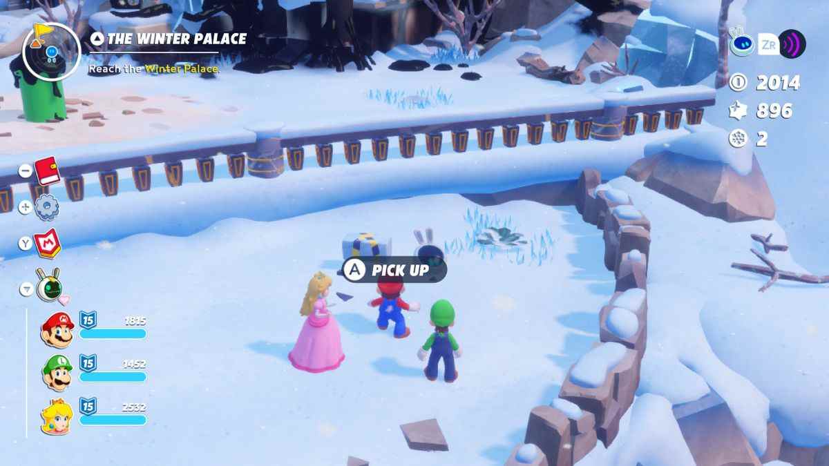 Peach, Mario et Luigi se tiennent à côté de la première brique d'igloo dans Mario + Rabbids Sparks of Hope