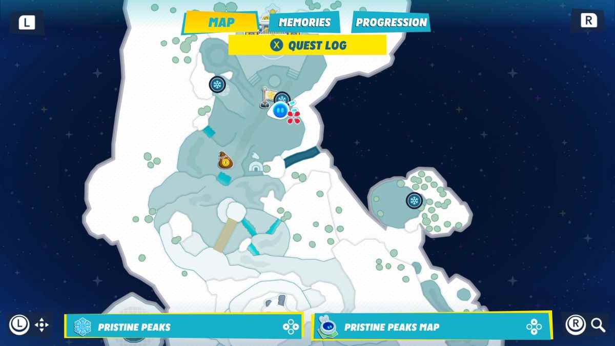 Une carte de Pristine Peaks montrant l'emplacement de la troisième brique Igloo pour la quête Igloo Breakthrough dans Mario + Rabbids Sparks of Hope