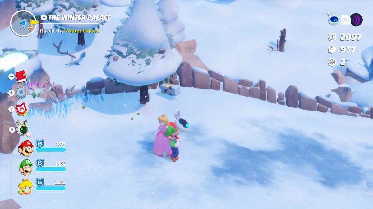 Mario, Peach et Luigi secouent la quatrième brique Igloo d'un arbre pour la quête Igloo Breakthrough dans Mario + Rabbids Sparks of Hope