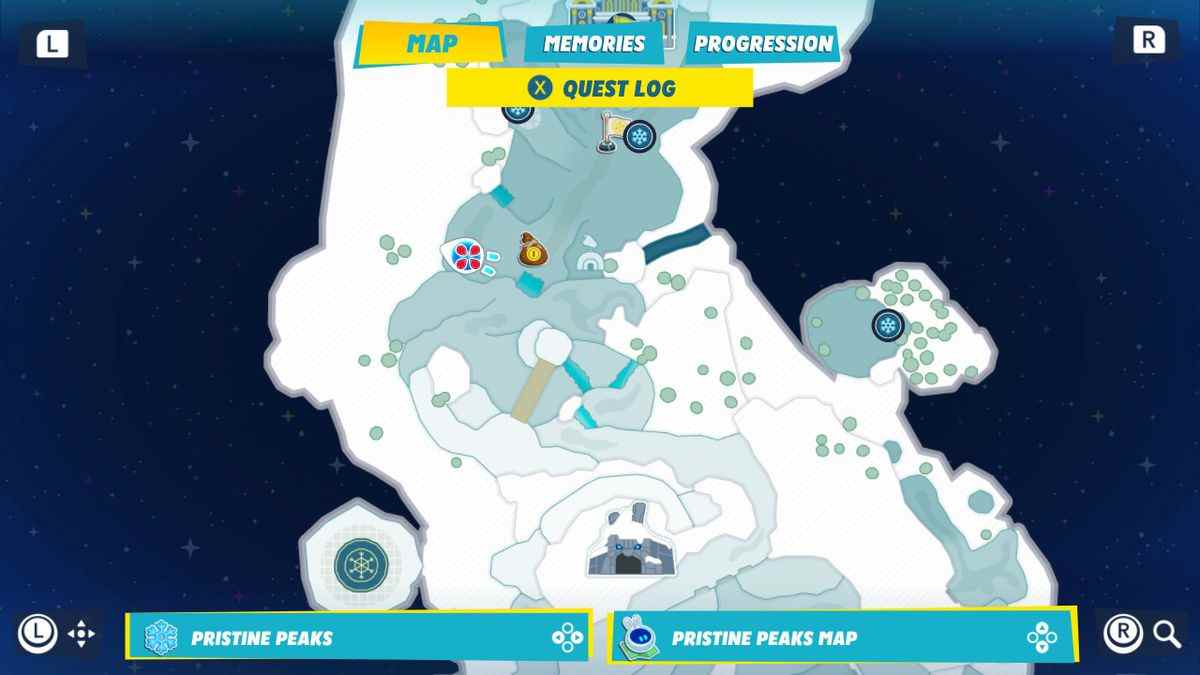 Une carte de Pristine Peaks montrant l'emplacement de la quatrième brique Igloo pour la quête Igloo Breakthrough dans Mario + Rabbids Sparks of Hope