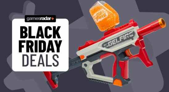 Black Friday Nerf deals badge with a Nerf Pro Gelfire Mythic blaster