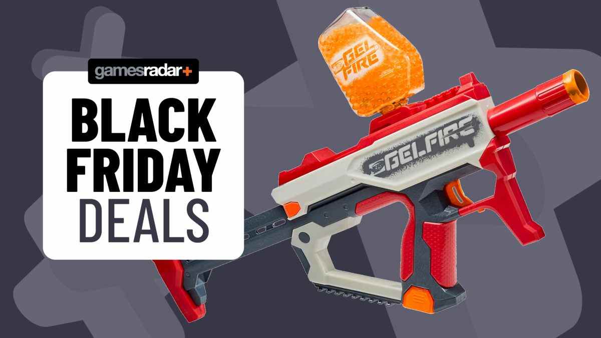 Black Friday Nerf deals badge with a Nerf Pro Gelfire Mythic blaster