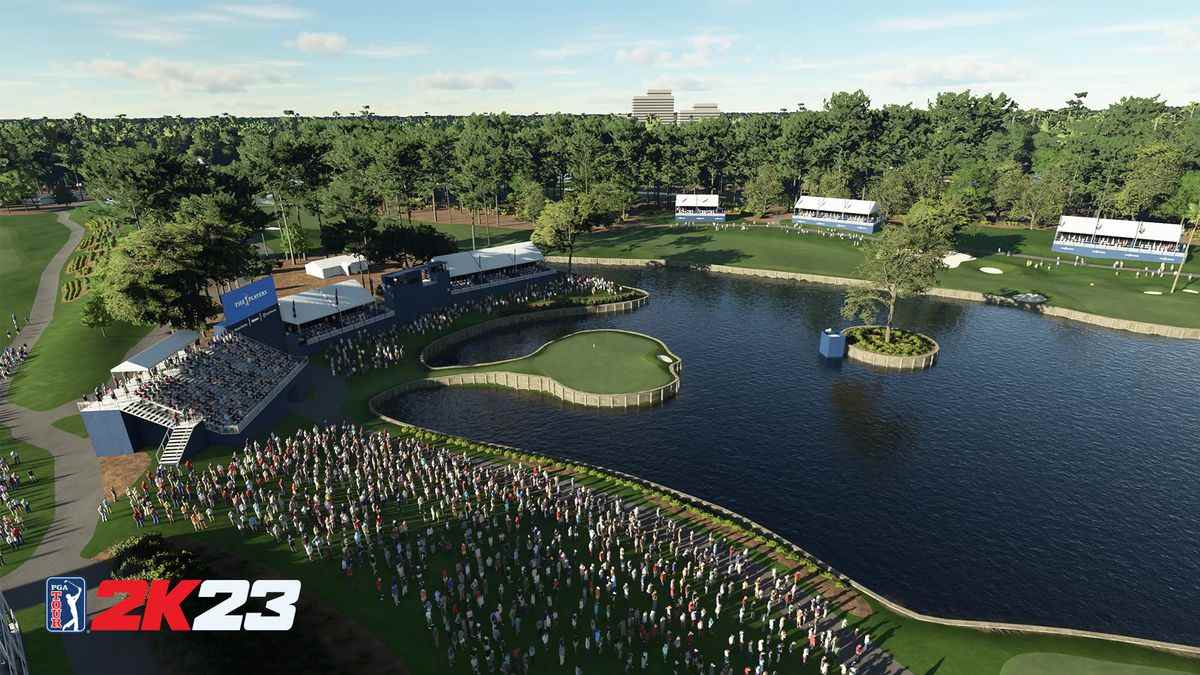 une vue aérienne du 17e trou au TPC Sawgrass, avec le green assis dans un lac, dans PGA Tour 2K23