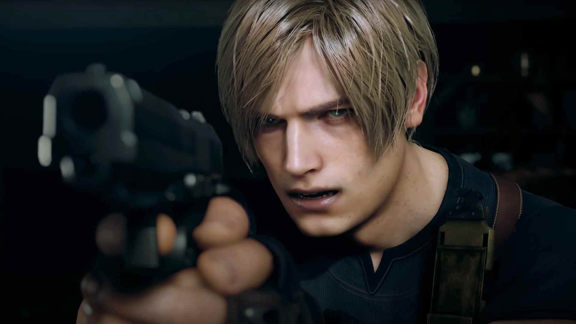 Leon de Resident Evil 4 Remake pointant un pistolet