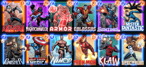 Liste des decks pour Marvel Snap, avec des images pour les cartes pour Ant-Man, Nightcrawler, Armor, Colossus, Sentinel, Mister Fantastic, Punisher, Captain America, Namor, Iron Man, Klaw et Spectrum