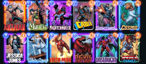 Une liste de deck de Marvel Snap, avec des images de cartes d'Ant-Man, Mantis, Nightcrawler, Cable, Sentinel, Cosmo, Jesisca Jones, White Queen, Iron Man, Devil Dinosaur, Onslaught, America Chavez