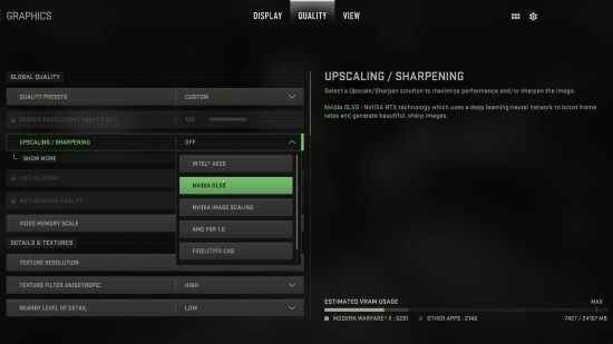 Tests de performances des meilleurs paramètres de Modern Warfare 2 : la page visuelle détaillant les options de mise à l'échelle