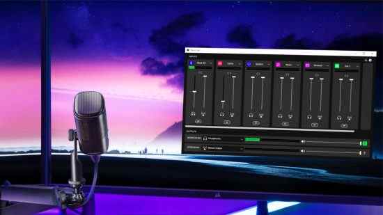 Le microphone Elgato Wave DX à côté d'un moniteur avec le logiciel Wave, montrant tous les cadrans que vous pouvez modifier