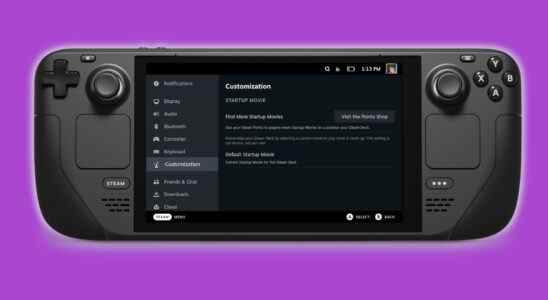 Le menu de personnalisation de Steam Deck apparaît, inclut des films de démarrage