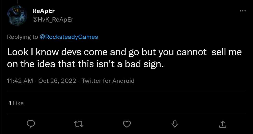 Tweet répondant au départ des fondateurs de Rocksteady Studios