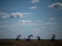 Pumpjacks sur des puits appartenant à Whitecap Resources en Saskatchewan.  BRANDON HARDER / poste de chef de Regina