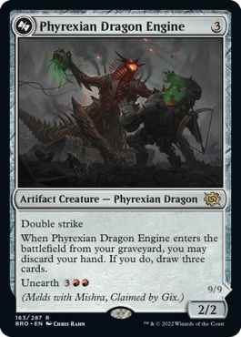 La carte Phyrexian Dragon Engine de Magic montre une arme de siège imposante, un char à six pattes s'attaquant à un énorme arbalète humanoïde.  La créature-artefact a la double frappe.