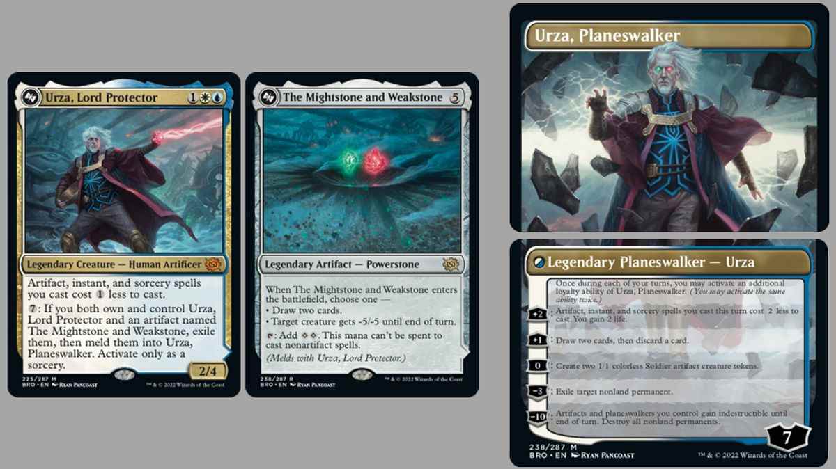 Un diagramme montrant les cartes Urza, Lord Protector et The Mightstone and the Weakstone de Magic à côté de ce à quoi elles ressembleront lorsqu'elles seront retournées et combinées.  La carte fusionnée est Urza, Planeswalker – un planeswalker légendaire avec 5 capacités.  La carte est mythique et montre une Urza vieillissante avec un œil vert et un œil rouge.