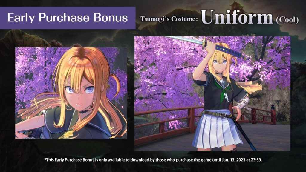 Contenu bonus d'achat anticipé de Samurai Maiden détaillant différents costumes pour Tsumugi