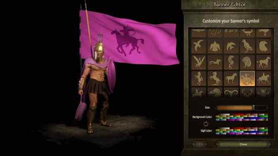 Meilleurs mods Bannerlord - le BannerEditor Enhancer vous offre plus d'options pour personnaliser votre bannière.  Ici, nous voyons un porteur de lance brandissant fièrement un bouclier et des robes magenta, et arborant un drapeau rose vif avec un archer à cheval dessus.