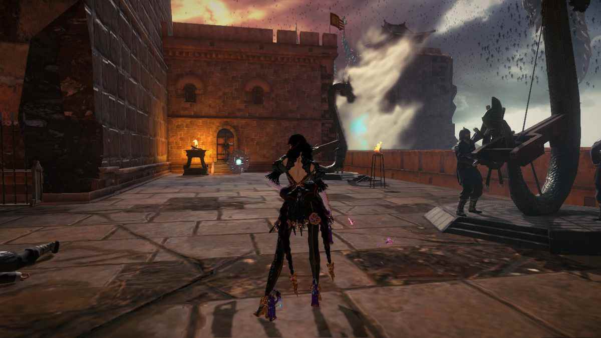 Bayonetta se dresse sur les remparts d'un château à Bayonetta 3.