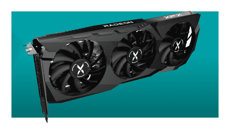 An image of an XFX graphics card on a blue background