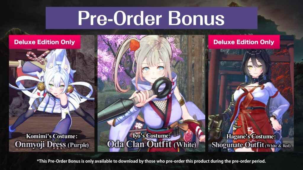 Contenu bonus de précommande Samurai Maiden détaillant différents costumes pour plusieurs personnages