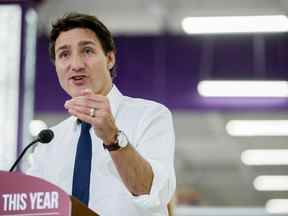 Le premier ministre Justin Trudeau prend la parole lors d'une conférence de presse alors qu'il visite le supermarché Memon à Pickering, en Ontario.