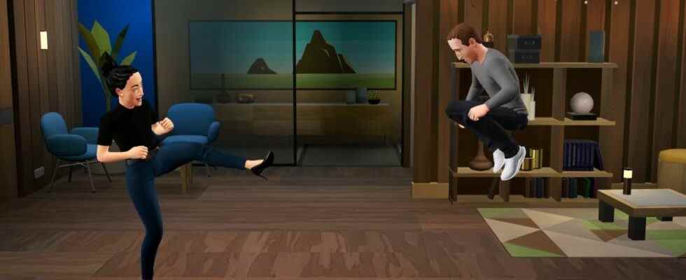 An image of Mark Zuckerberg and a colleague showing off their legs in the metaverse