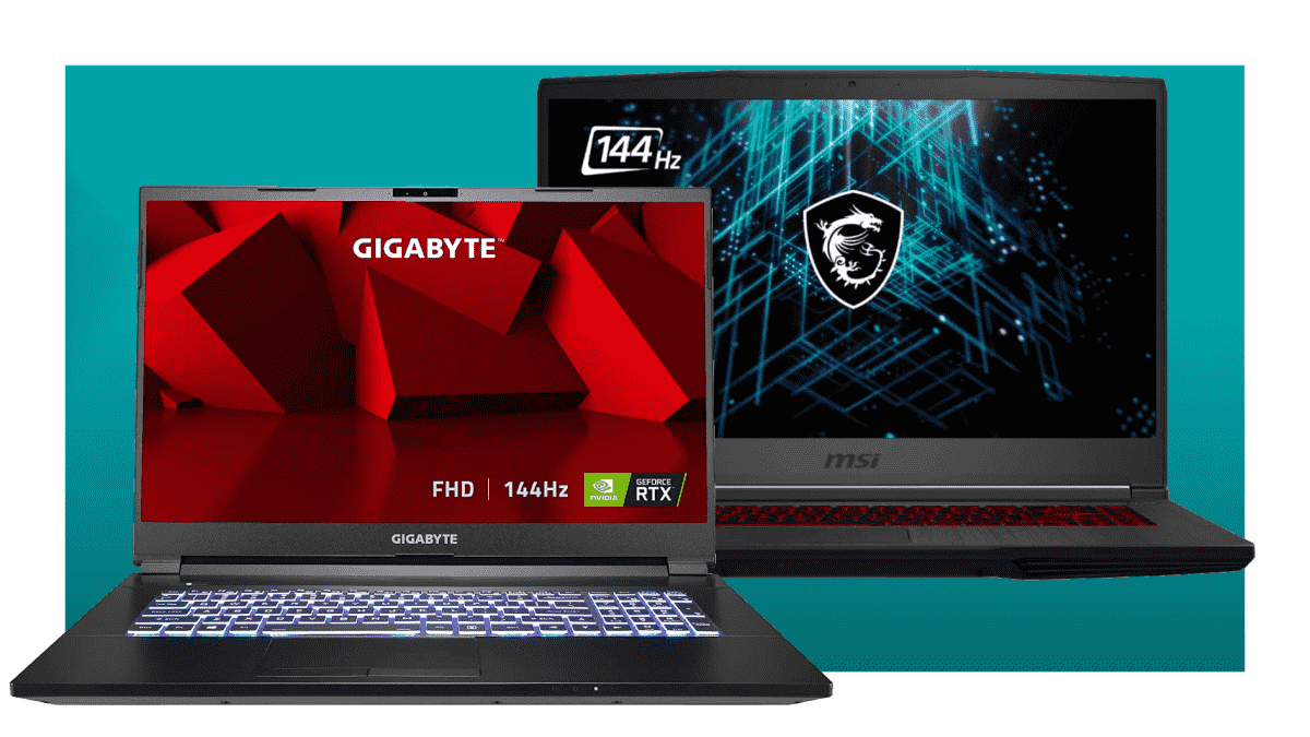 An MSI and a Gigabyte gaming laptop on a blue background.