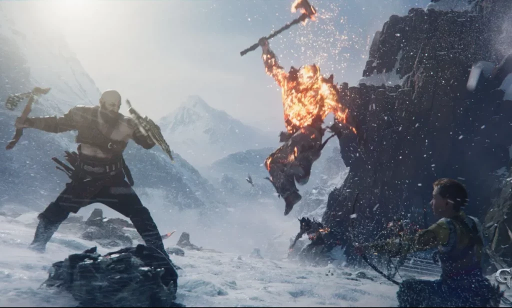 Kratos et Atreus combattant un ennemi dans God of War: Ragnarok