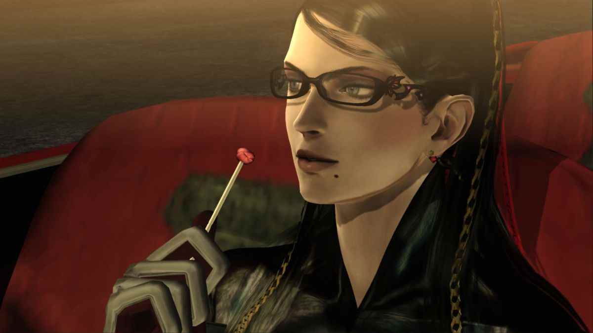 bayonetta looking off to side while holding a sucker