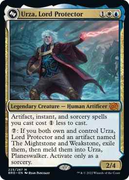 Urza, Lord Protector, lance un sort à partir d'une pierre rouge au milieu d'une bataille, avec des pierres enflammées qui pleuvent du ciel, sur sa carte Magic.  Il coûte trois manas, dont 1 blanc et un bleu, et est une créature légendaire.  Pour 7 manas, il peut être fusionné dans les bonnes conditions.