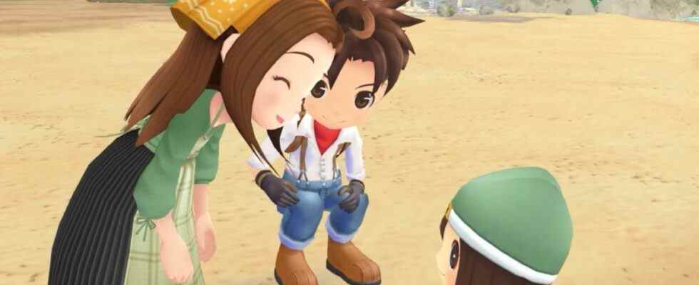 Story of Seasons: A Wonderful Life - The farmer and Cecilia bend down to talk to their toddler near the beach.