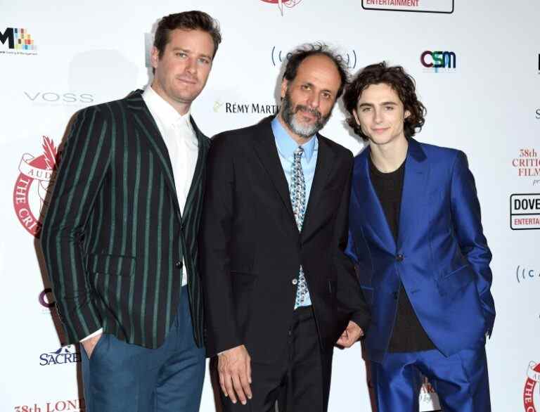 LONDON, ENGLAND - JANUARY 28:  Armie Hammer, Luca Guadagnino and Timothee Chalamet attend the London Film Critics Circle Awards 2018 at The May Fair Hotel on January 28, 2018 in London, England.  (Photo by Karwai Tang/WireImage)