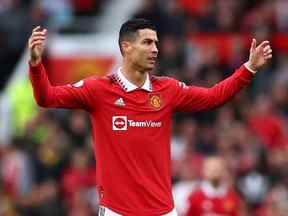 Premier League - Manchester United contre Newcastle United - Old Trafford, Manchester, Grande-Bretagne - 16 octobre 2022 Cristiano Ronaldo de Manchester United réagit après qu'un but qu'il a marqué soit refusé.