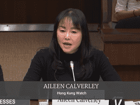 Aileen Calverley de Hong Kong Watch témoigne devant un comité de la Chambre des communes concernant des rapports selon lesquels la République populaire de Chine a ouvert trois postes de police autour de Toronto. "Avec les commissariats, ils peuvent intimider des gens comme nous," dit-elle.