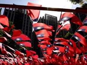 Des drapeaux taïwanais flottent dans le parc décoré par Chang Lao-wang, avant la Journée nationale de Taïwan à Taoyuan, Taïwan, le 5 octobre 2022. REUTERS/Ann Wang