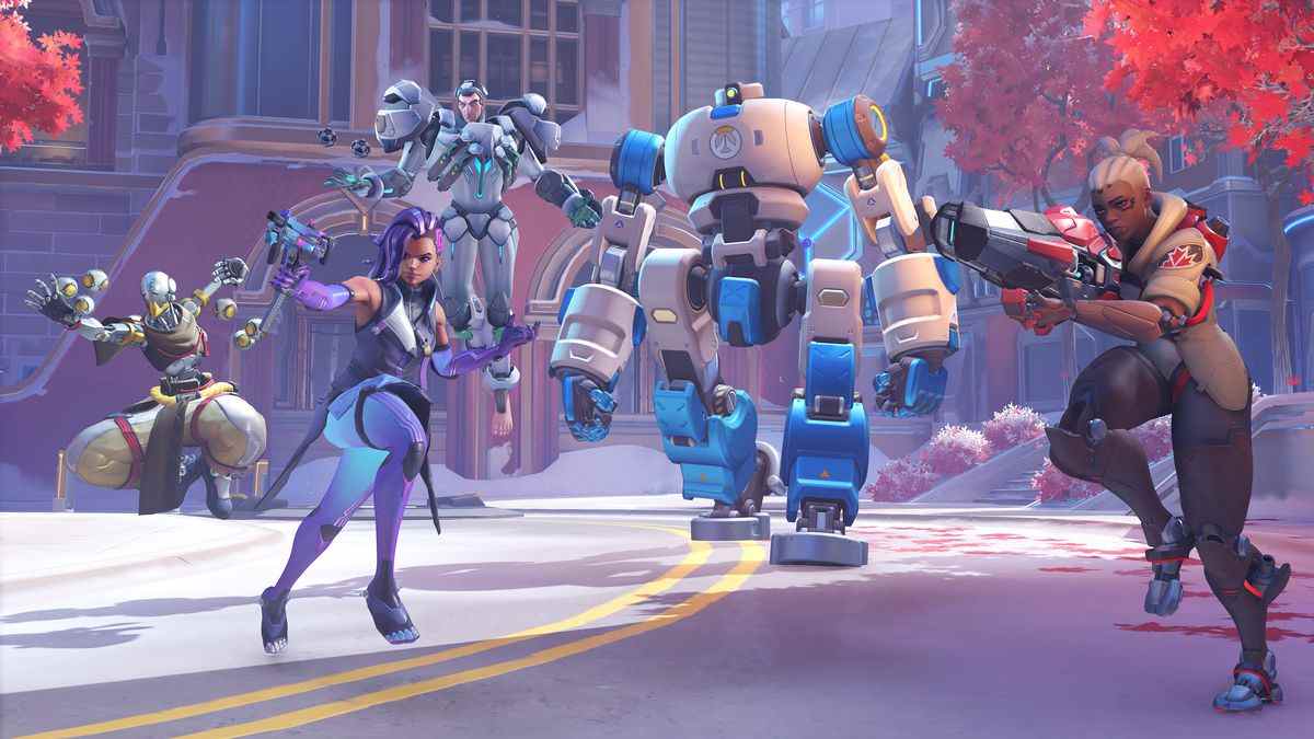 Zenyatta, Sombra, Sigma et Sojourn guident un robot dans une capture d'écran d'Overwatch 2