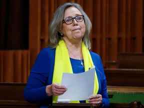 Elizabeth May prend la parole après que le président ukrainien Volodymyr Zelenskyy s'est adressé au Parlement le 15 mars 2022. May se présente à nouveau à la direction du Parti vert du Canada, qu'elle a dirigé de 2006 à 2019.