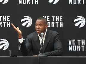 Le président des Raptors de Toronto, Masai Ujiri, parle aux médias de la saison à venir et de l'expansion du jeu à l'échelle mondiale le lundi 26 septembre 2022.