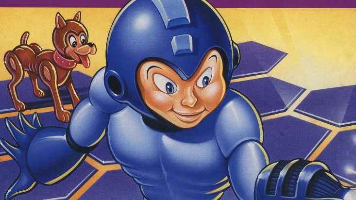 A picture of the Mega Man DOS cover showing a close-up of Mega Man