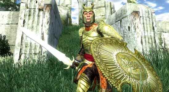 An Oblivion screenshot showing a sword-wielding man in Elven armour.