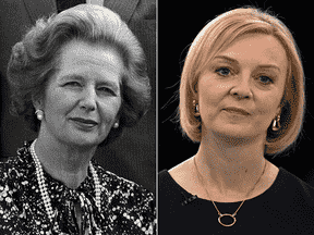 Liz Truss, à droite, sera toujours comparée à la première femme Premier ministre britannique, Margaret Thatcher, la Dame de fer.