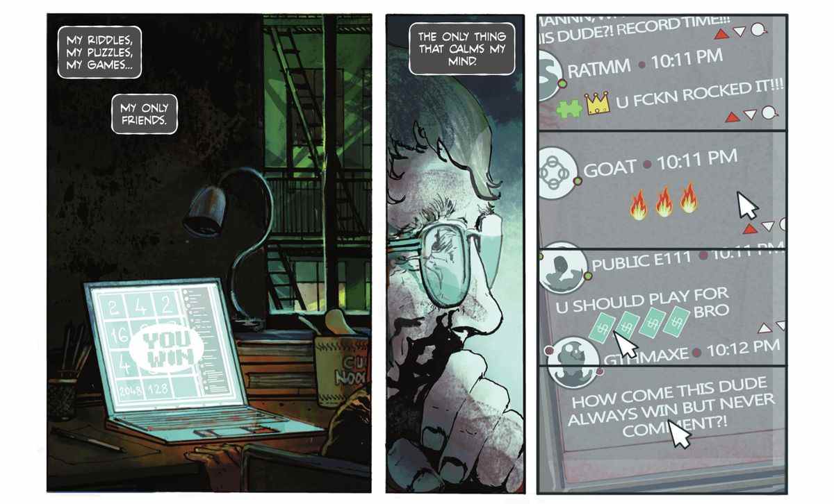 Edward diffuse un jeu de bureau de ce qui est clairement 2048 sur un chat rempli de téléspectateurs qui sont apparemment très impressionnés par son talent pour jouer à un jeu mobile de 2014 dans The Riddler : Year One #1 (2022). 