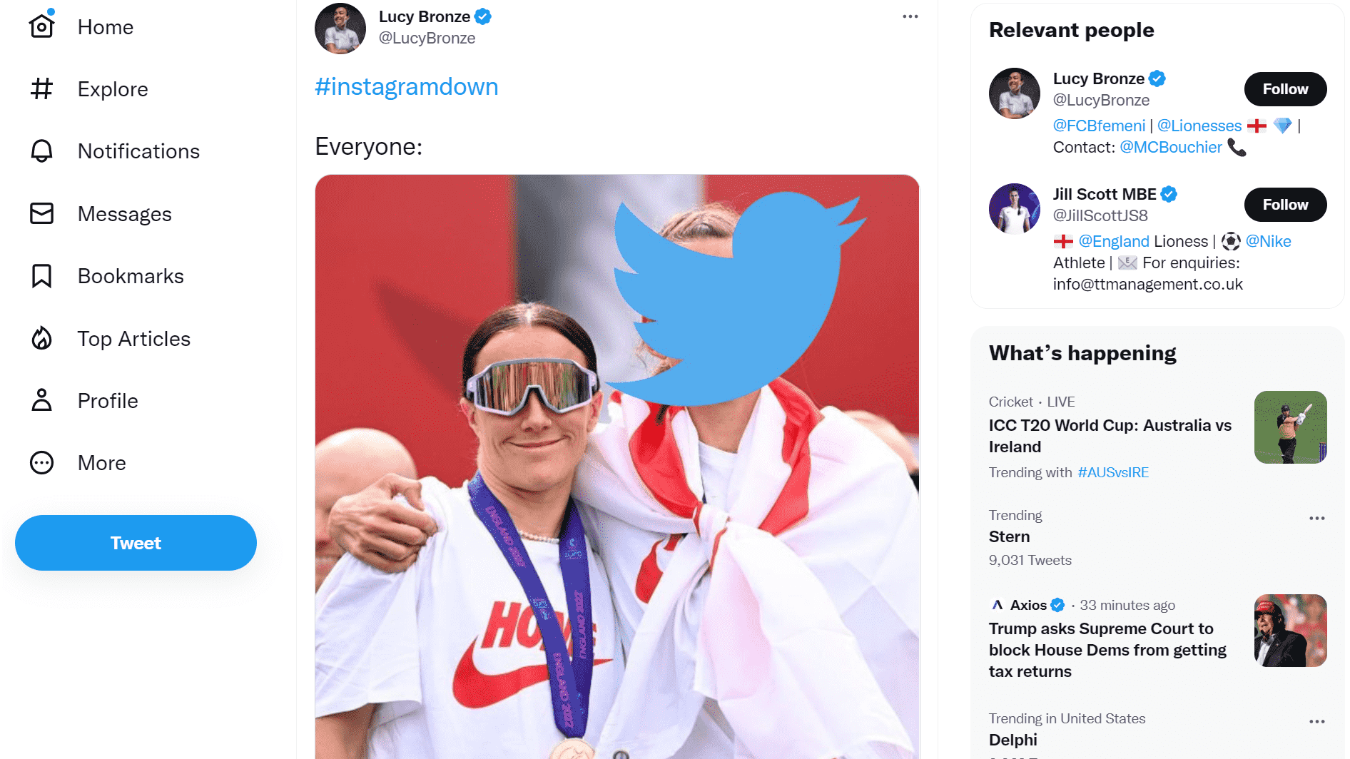 Lucy Bronze Tweet sur Instagram étant en panne