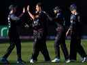 JJ Smit (C) de Namibie célèbre un guichet avec ses coéquipiers lors du match de cricket de la Coupe du monde 2022 pour hommes de l'ICC entre la Namibie et les Pays-Bas au parc Kardinia à Geelong le 18 octobre 2022. 