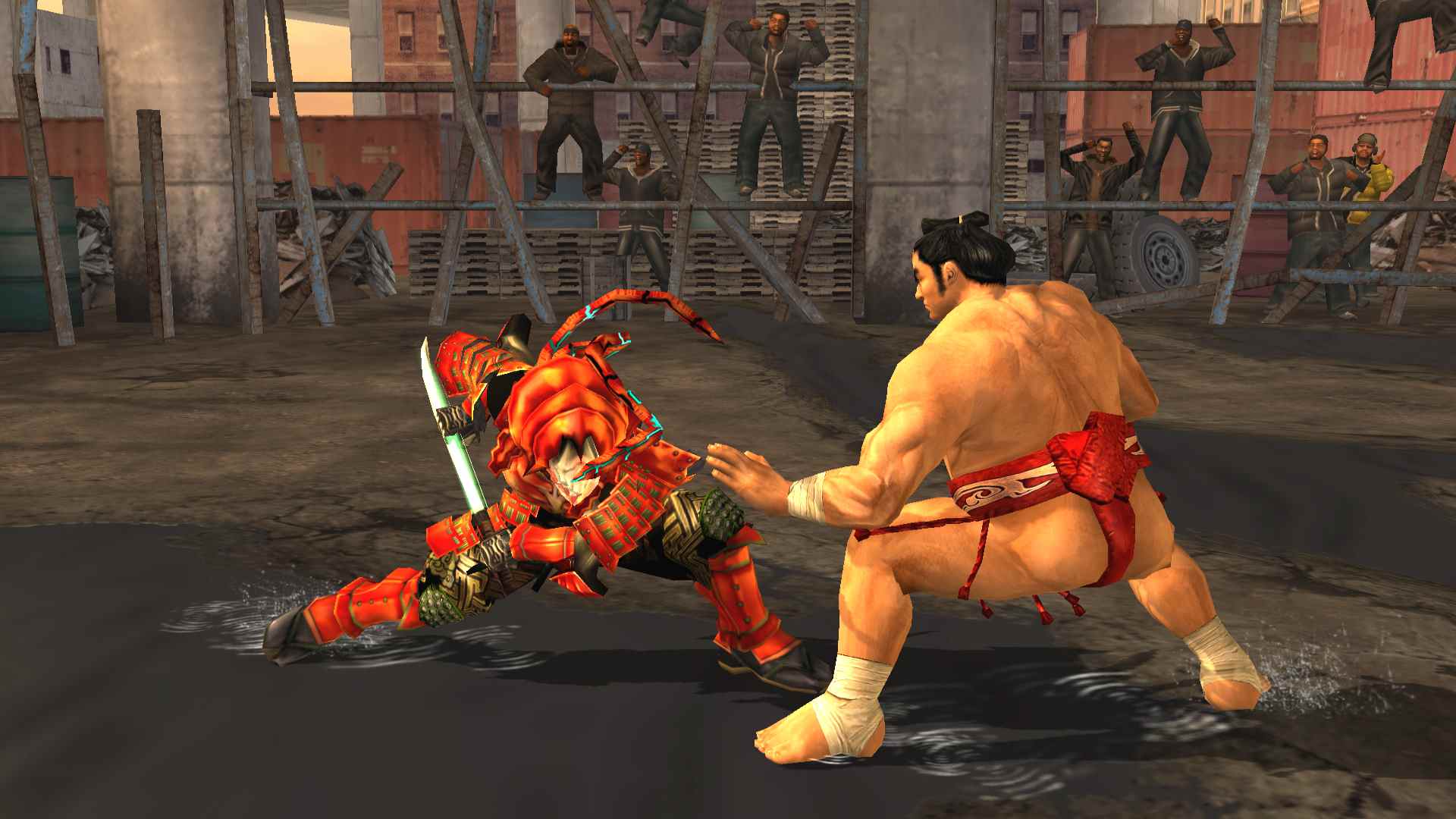 meilleurs jeux PSP: le personnage de Tekken Yoshimitsu en armure de samouraï sur le point de frapper sumoka Ganryu