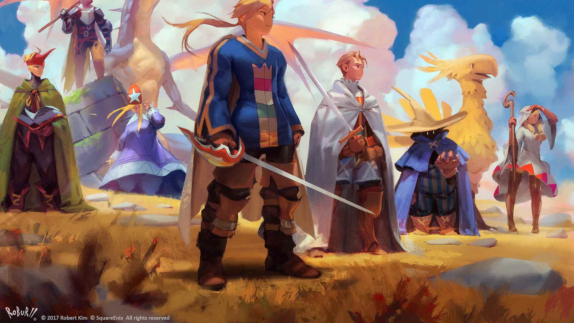 meilleurs jeux PSP : un groupe de personnages, principalement des hommes avec des épées, également deux magiciens et un chocobo, regardant quelque chose au loin