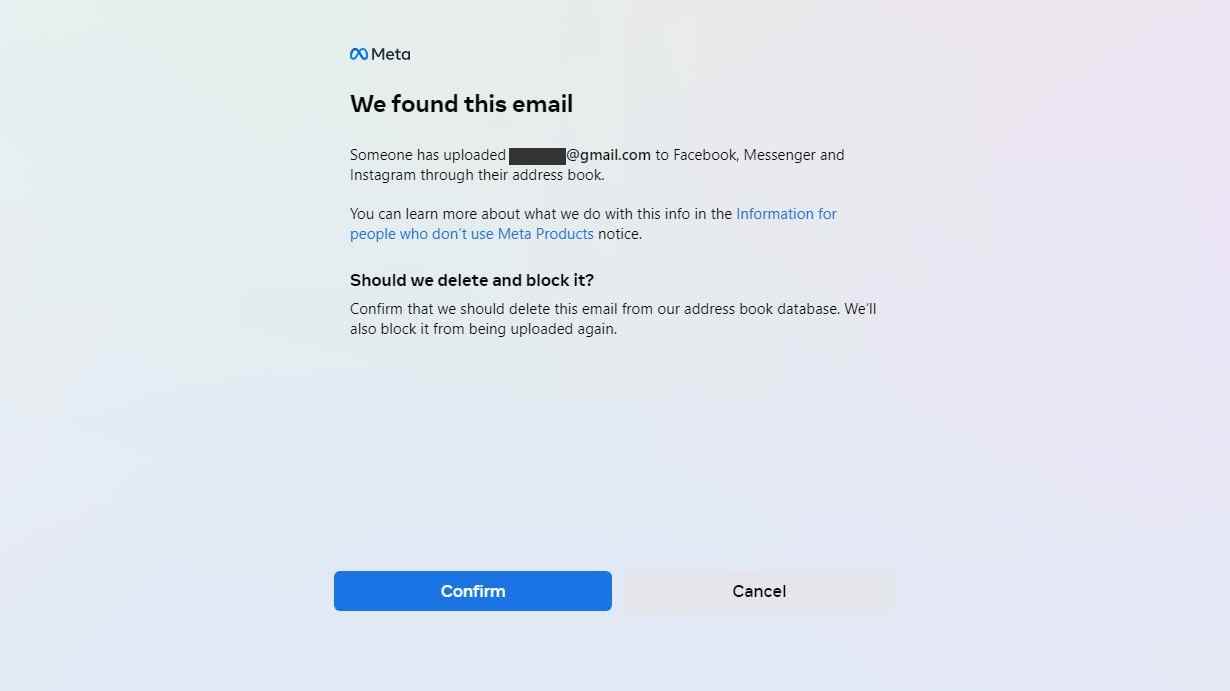 Une capture d'écran montrant que l'outil de suppression de contacts de Meta a trouvé un e-mail