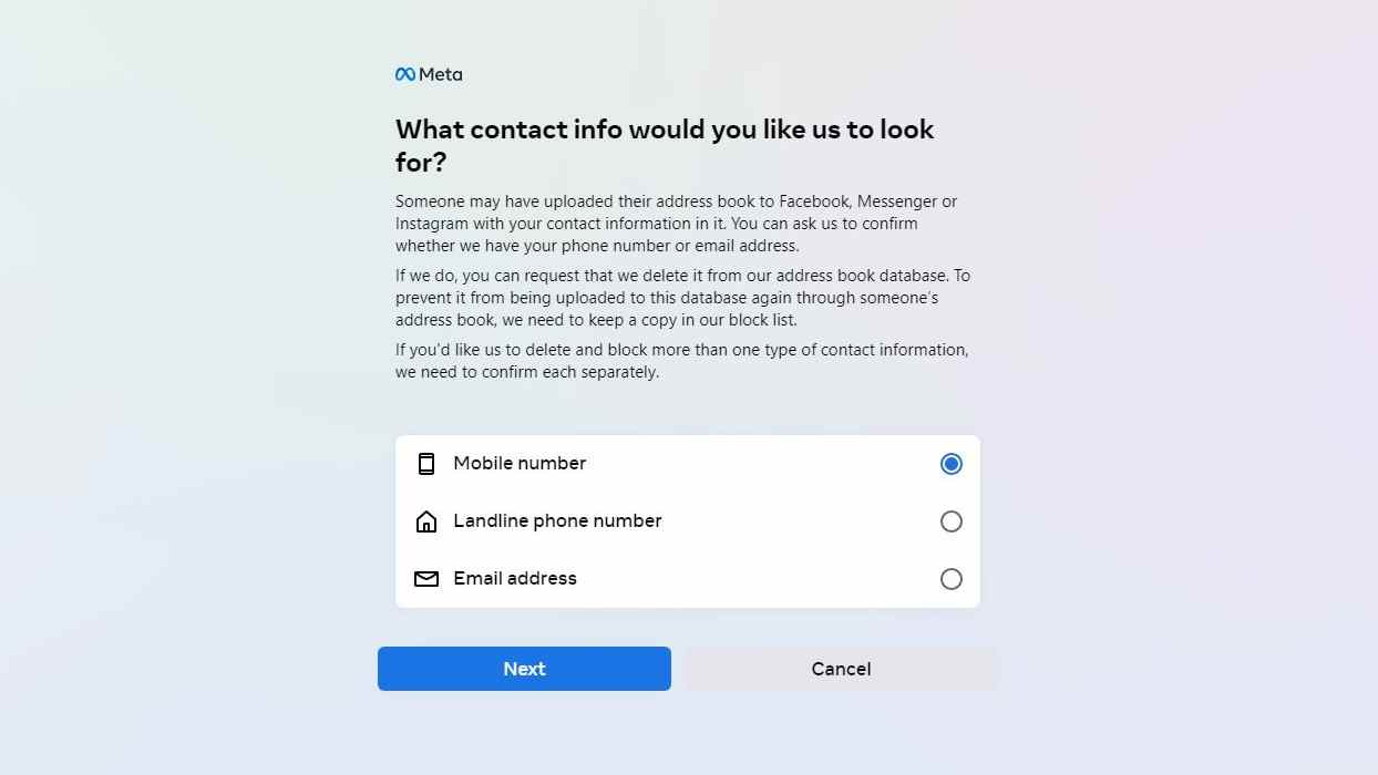 L'outil de suppression de contacts de Meta