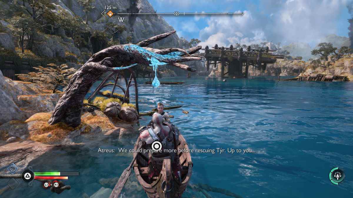 Kratos et Atreus rament jusqu'à Yggdrasil Dew à Svartalfheim dans God of War Ragnarok.