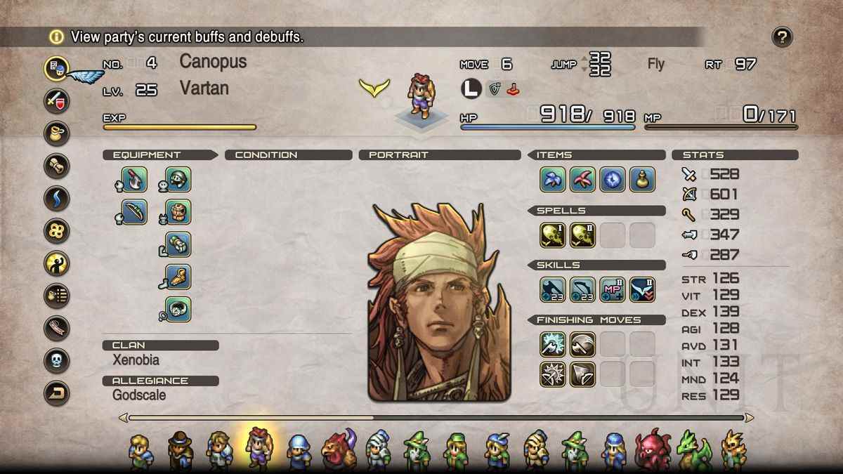 Un écran de menu de fête de Tactics Ogre Reborn, avec un portrait de personnage, des attributs, des compétences et des listes d'inventaire