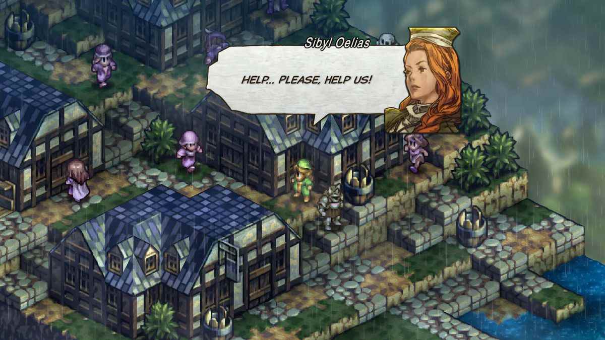 Une vue isométrique d'une ville médiévale dans Tactics Ogre Reborn.  Une femme dit 'Aidez... S'il vous plaît, aidez-nous !'