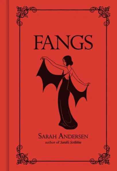 Image de couverture pour Fangs de Sarah Andersen, avec une jeune femme portant une robe noire et des ailes de chauve-souris.  Le livre est d'une couleur rouge vif.